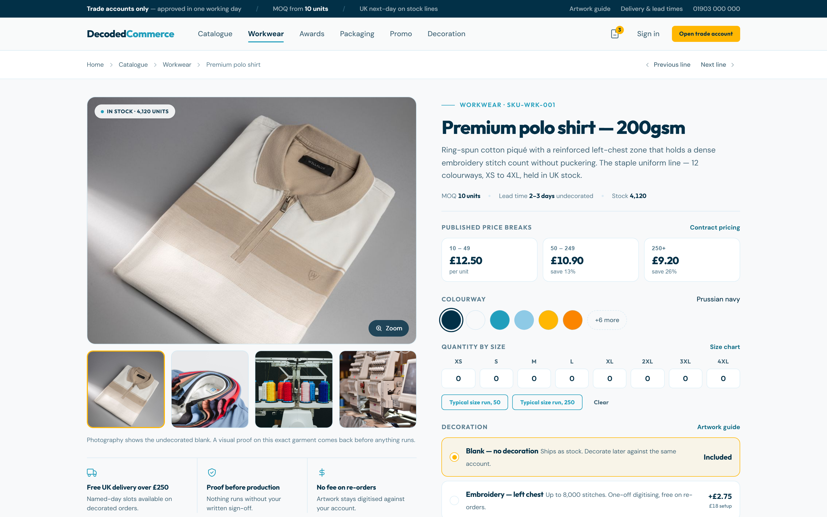 Product page with trade pricing and decoration options