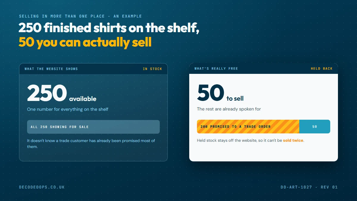 An example: the website shows 250 finished shirts available, but 200 are already promised to a trade order, so only 50 can actually be sold.